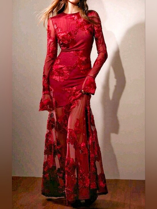 Boutique Dresses & Skirts - New Luxe Embroidered Sheer Floral Mesh Bodycon Mermaid Dress Red
